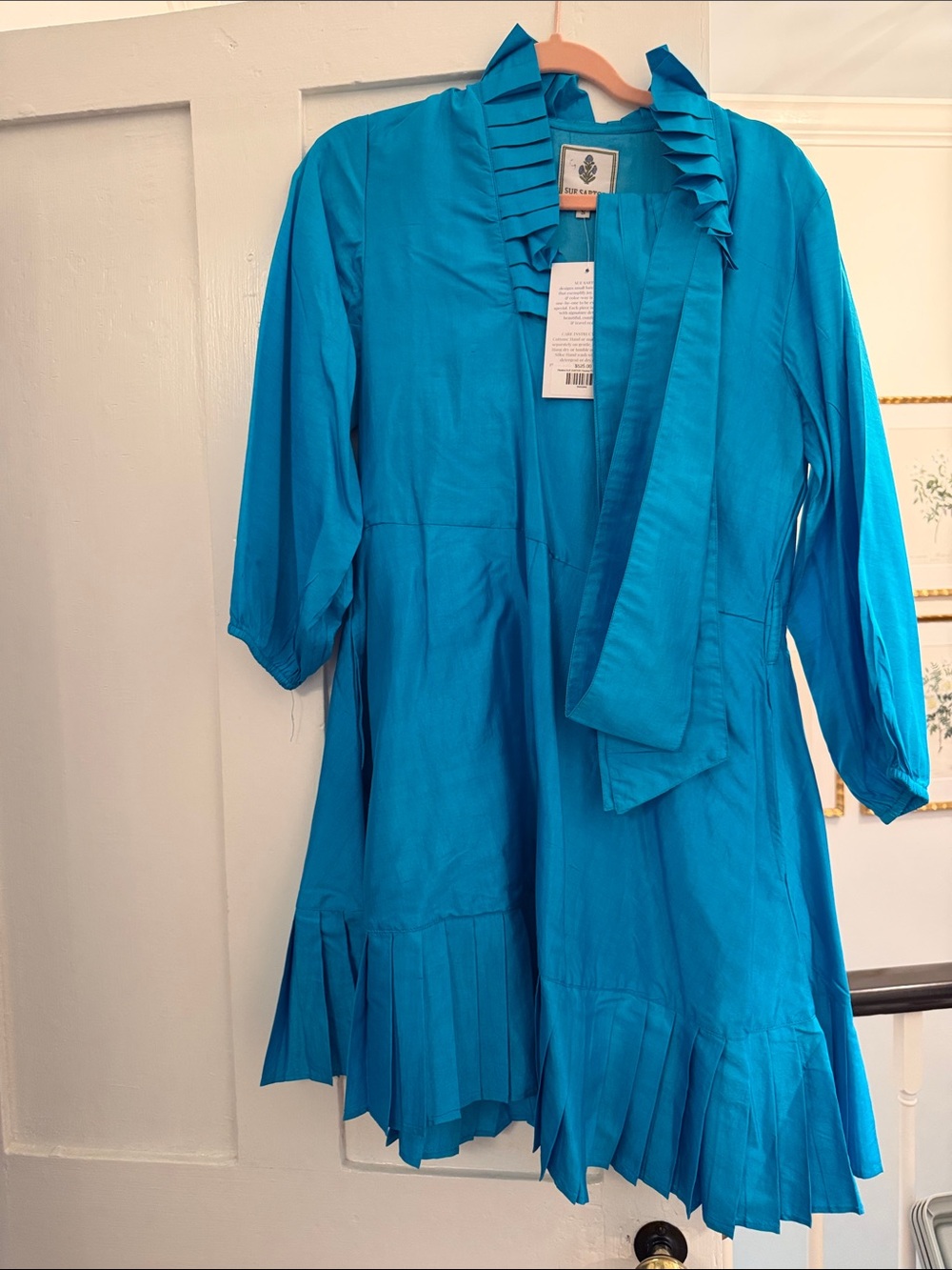 Sue sartor flounce Vibrant peacock blue Pleated Tie-Front Dress